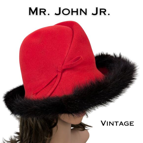 VTG 1960s Mr John Jr Hat Red Wool Black Fur Trim Structured Wide Brim  Dramatic - Picture 1 of 16